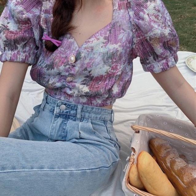 Áo sơmi hoa croptop cúc ngọc sang trọng