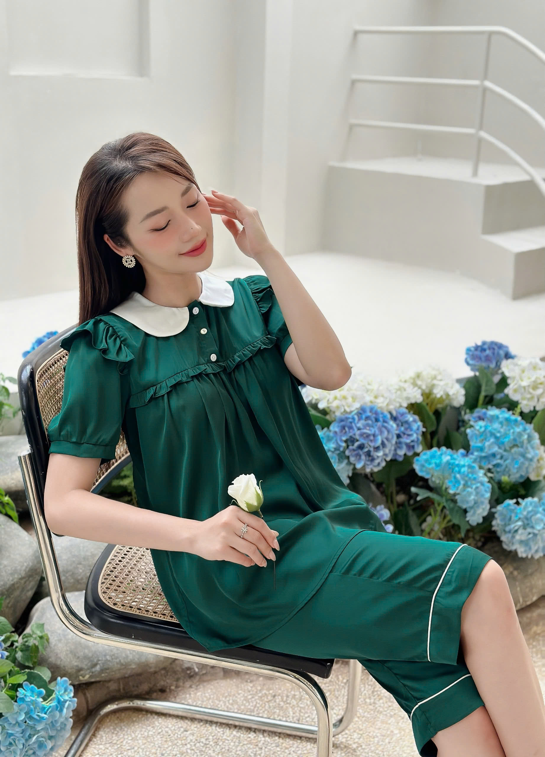 Azuno - Bộ Đồ Bầu Mặc Nhà Lửng Cao Cấp B245 Chất Liệu Satink Mặc Hè Siêu Mát