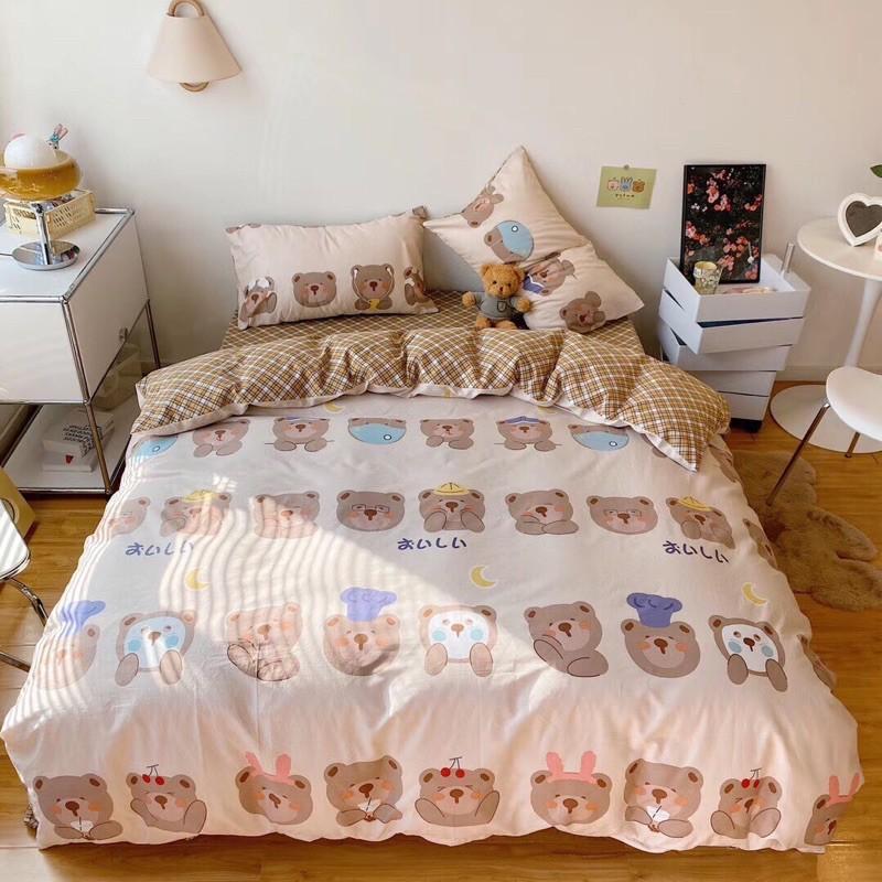 Bộ Chăn Ga Gối Cotton Living 100%cotton Hàng Nhập Khẩu Cao Cấp 4 Món Gấu teddy