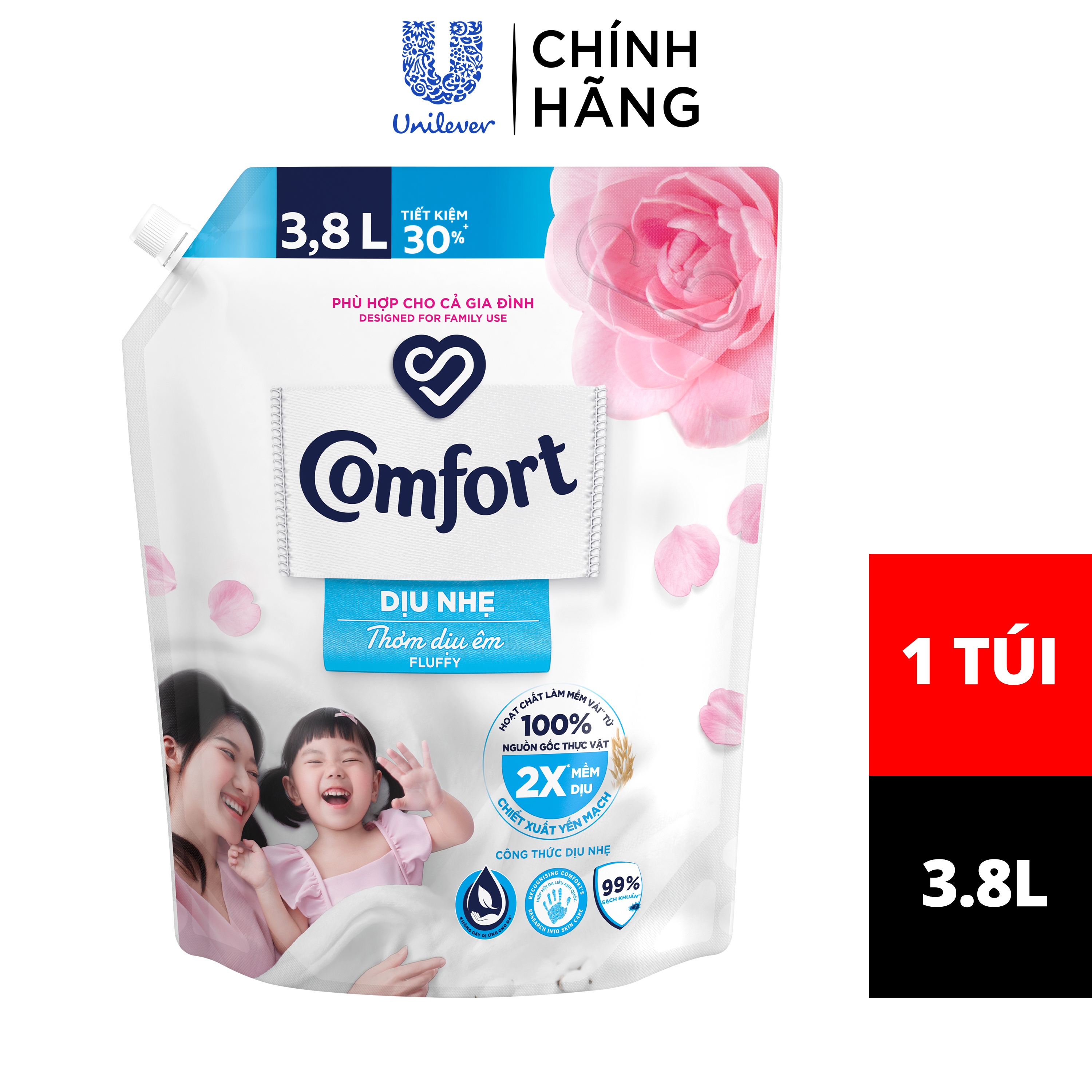 Nước Xả Vải Comfort Dịu Nhẹ Thơm Dịu Êm Cho Cả Gia Đình 3.8L