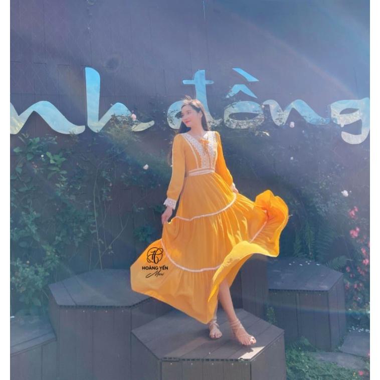 HOANGYEN - Sun Dress đầm tay dài viền ren bohemian voan vàng