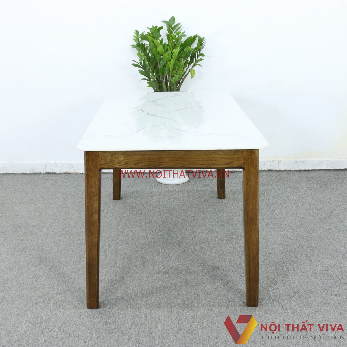 Bộ Bàn Ăn 6 Ghế Gỗ Sồi Nga Màu Óc Chó Mặt Đá Trắng Tràn Gọn Đẹp Giá Rẻ