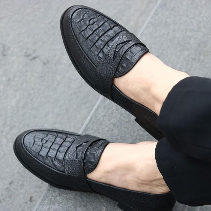Giày Lười Nam X091 Màu Đen Lì, Vân Cá Sấu