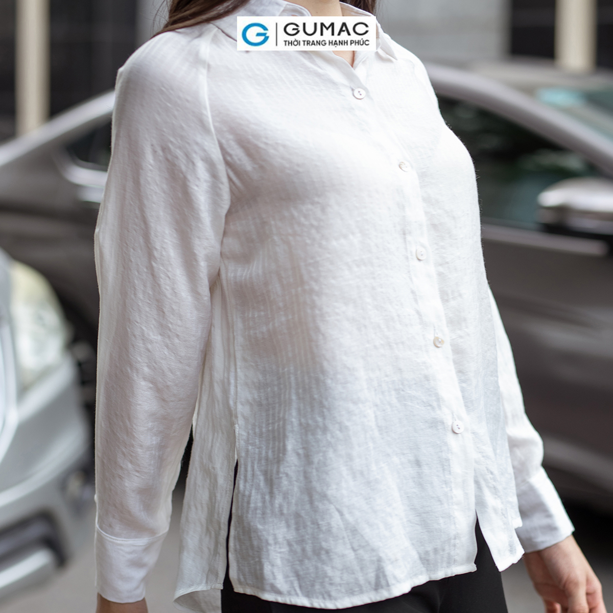 Áo sơ mi nữ tay dài tà lệch vải tơ mềm mát thời trang GUMAC AD06045