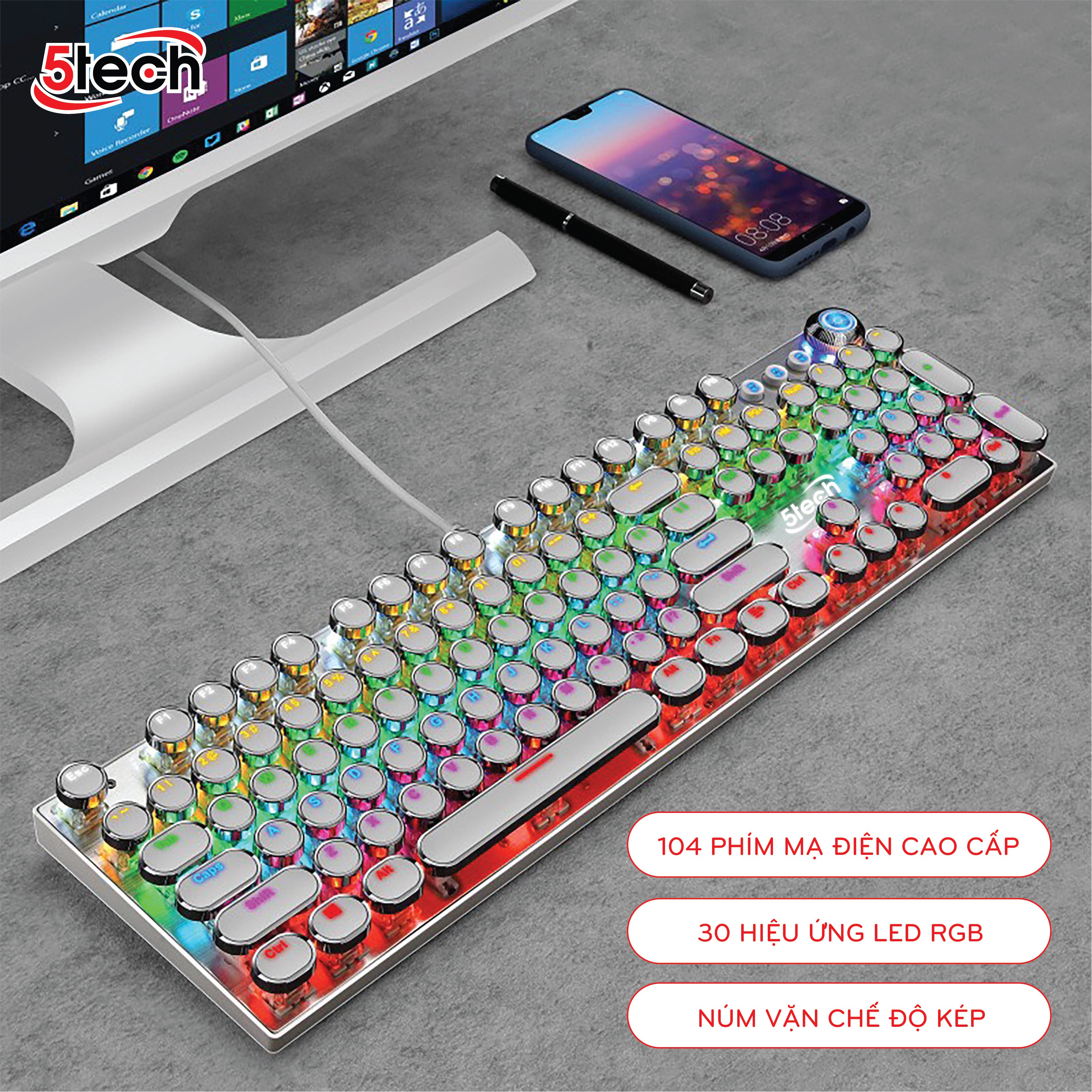 Bàn phím cơ 5TECH hàng chính hãng, phím cơ gaming mạ điện 30 chế độ LED RGB chơi game gõ siêu đã dùng cho máy tính, laptop