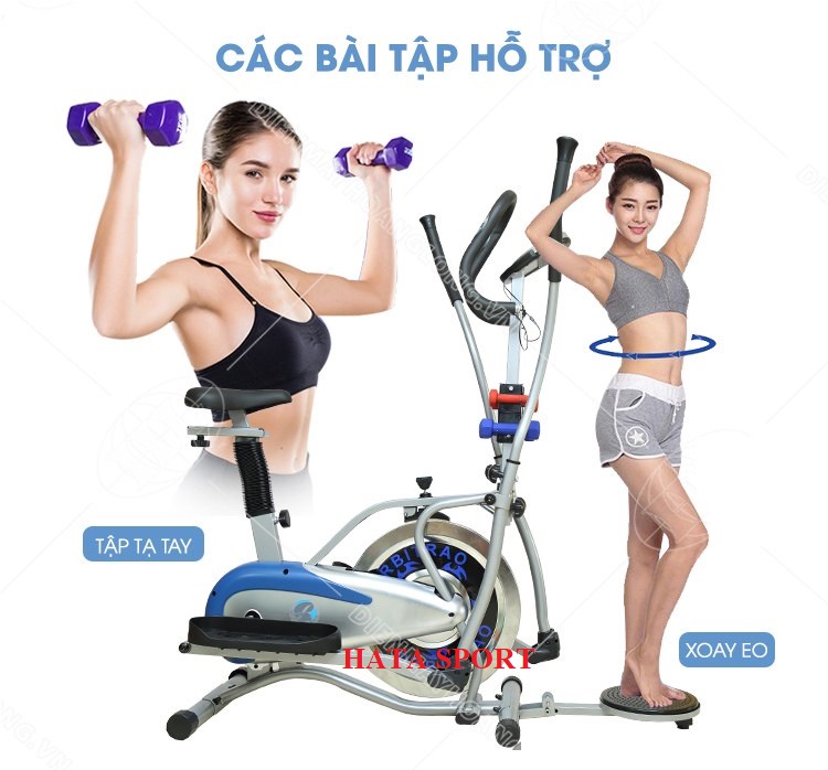 Xe đạp tập thể dục tập gym tại nhà HT600S HATA SPORT kết hợp xoay eo tặng kèm 2 cặp tạ tay 1kg và 0.5kg, giảm cân, giảm mỡ bụng hiệu quả