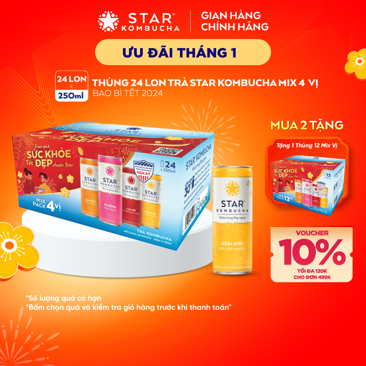 Thùng 24 lon trà lên men Star Kombucha mix 4 vị