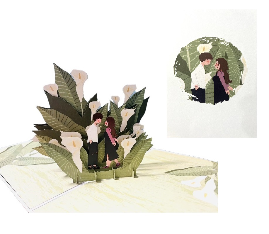 Thiệp 3D Pop Up Cặp Đôi &amp; Hoa Loa Kèn – Thiệp Tình Yêu, Kỷ Niệm, Valentine Lãng Mạn, L09