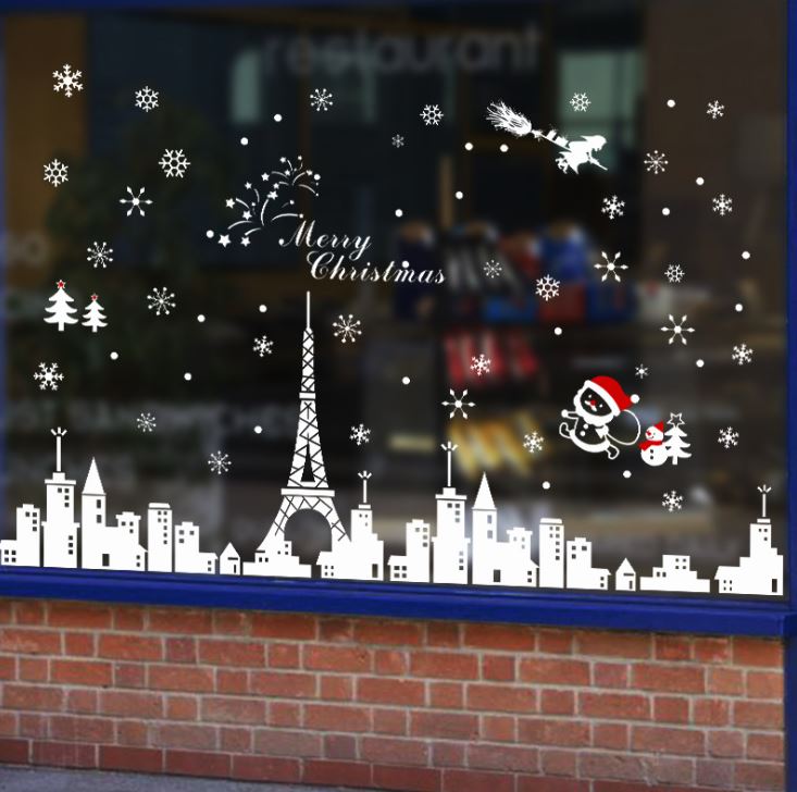 Decal Dán Kính Trang Trí Noel YJ6 Decal Giáng Sinh Decal Noel Bông Hoa Tuyết Ông Già Noel Phố Đêm Paris