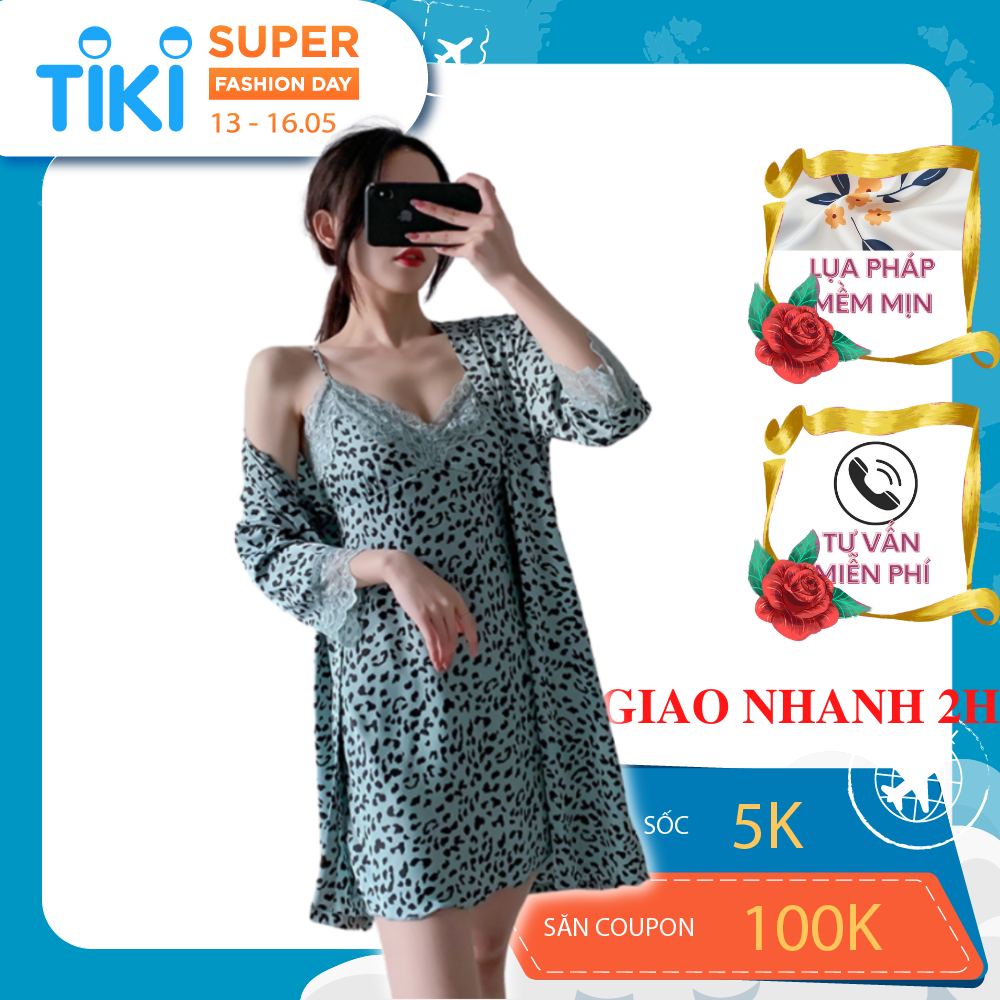 Set áo choàng kèm váy ngủ 2 dây gợi cảm VILADY - S109 kiểu tay dài phối ren bo gấu xinh Sexy chất liệu lụa Pháp (lụa latin) cao cấp