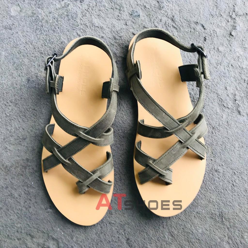 Dép Da Nam Nữ Cao Cấp Da Bò Thật Dép Sandal Unisex Hàng Thiết Kế Trẻ Trung Atshoes ATXD31 (Rêu