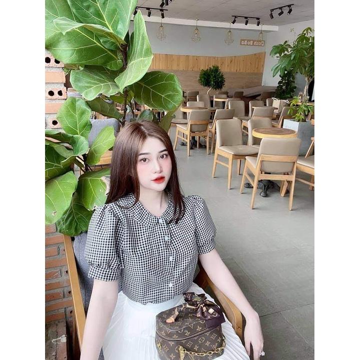 Áo Sơ Mi nữ công sở thời trang SURI Caro xốp đen đỏ Tay Ngắn Dáng Rộng Kẻ Sọc Kiểu Hàn Quốc-CARODENDOND