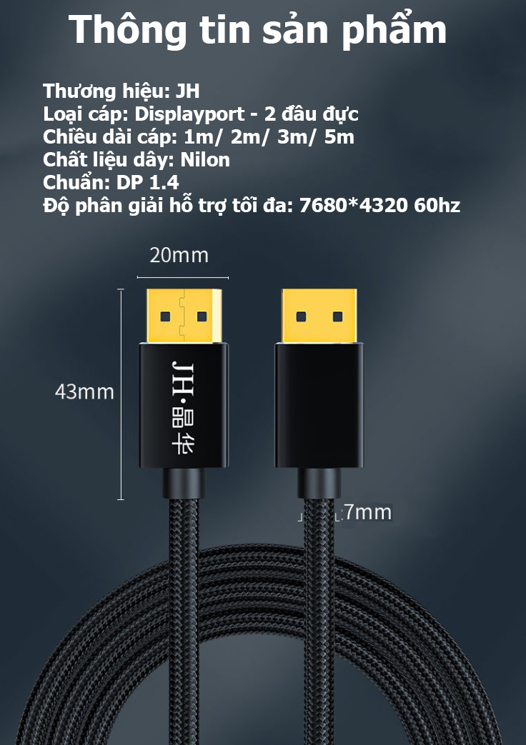 Cáp Displayport dài 1m8 8k 60hz, 4k 144hz cho màn hình gaming JH-H502G