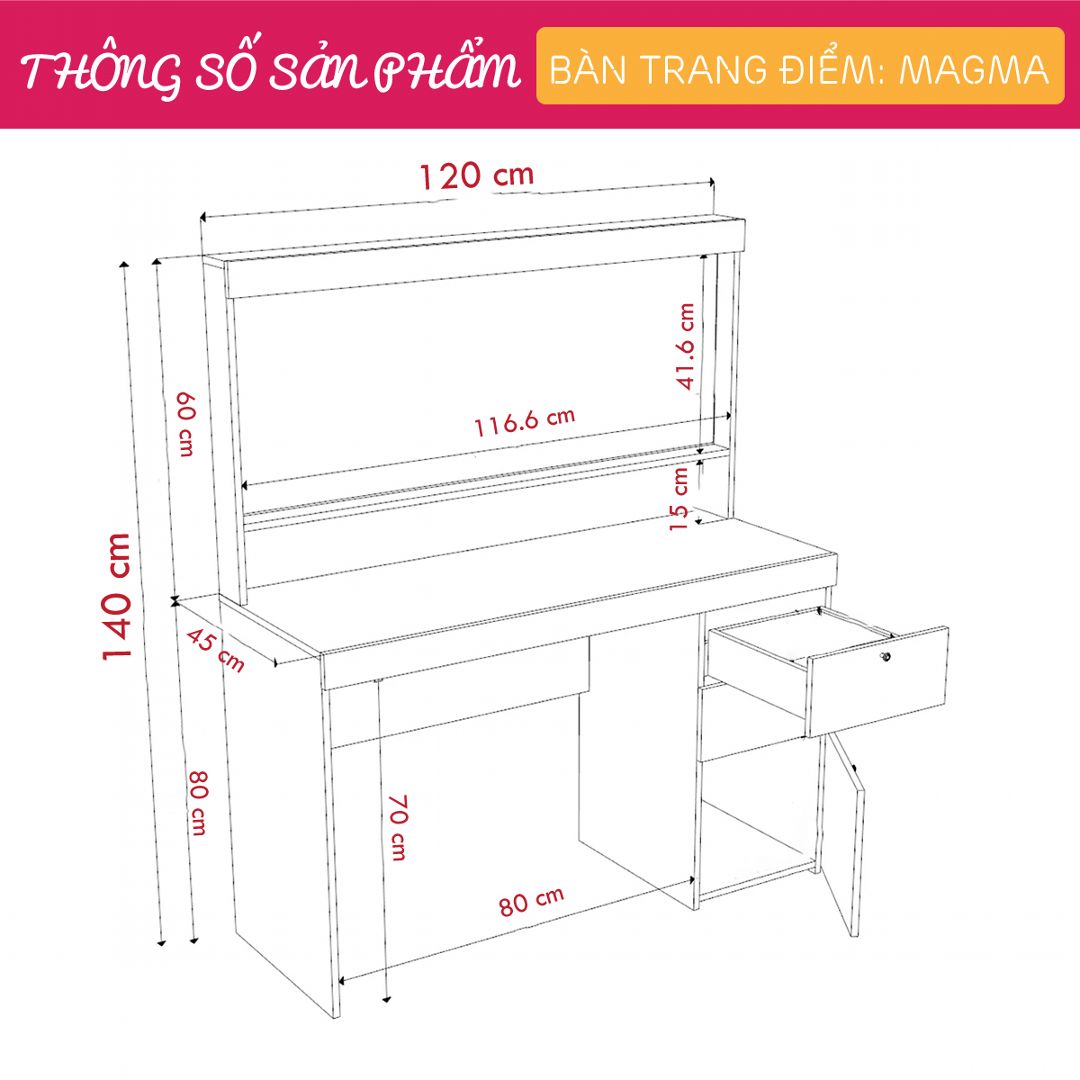 Bàn trang điểm gỗ hiện đại SMLIFE Magma | Gỗ MDF dày 17mm chống ẩm | D120xR45xC140cm