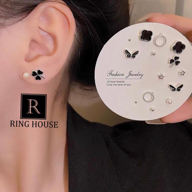 Set khuyên tai bông tai nữ cỏ bốn lá đen đẹp Ring House
