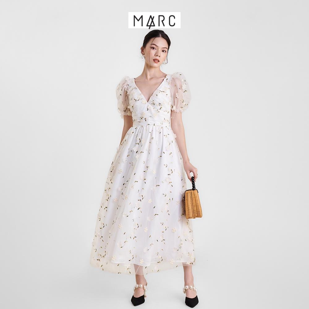 Đầm maxi nữ MARC FASHION hoa đính thêu nhún trước