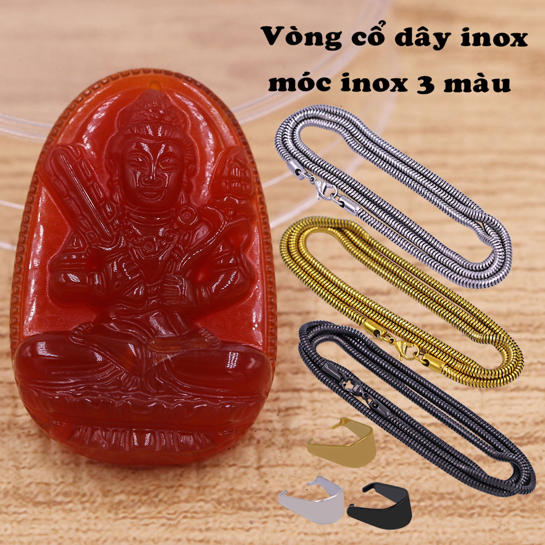Mặt dây chuyền Hư không tạng bồ tát mã não đỏ 3.6 cm kèm dây chuyền inox vàng, Phật bản mệnh, mặt dây chuyền phong thủy