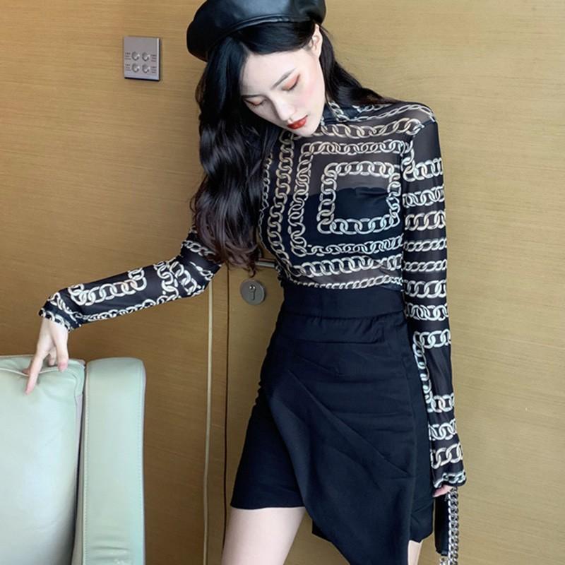 Áo thun lưới dài tay họa tiết hoa phong cách Hàn Quốc dành cho nữ