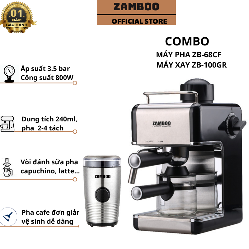 Combo Máy pha cà phê Espresso Zamboo ZB-68CF+ Máy xay ZB-100GR- Hàng chính hãng