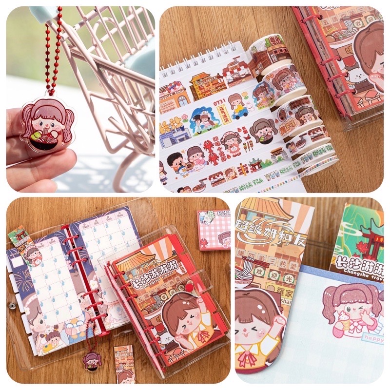 Set hộp quà tặng dễ thương kèm sổ tay sticker, washi, giấy note và móc khoá xinh và miếng nam châm chặn giấy