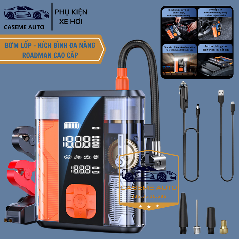 Bơm Lốp Ô Tô Kiêm Kích Bình Ắc Quy Roadman 8800mAh – Bơm Hơi Ô Tô Xe Máy, Cứu Hộ Khẩn Cấp, Sạc Pin USB, Màn Hình LED Hiển Thị Áp Suất - Hàng Chính Hãng