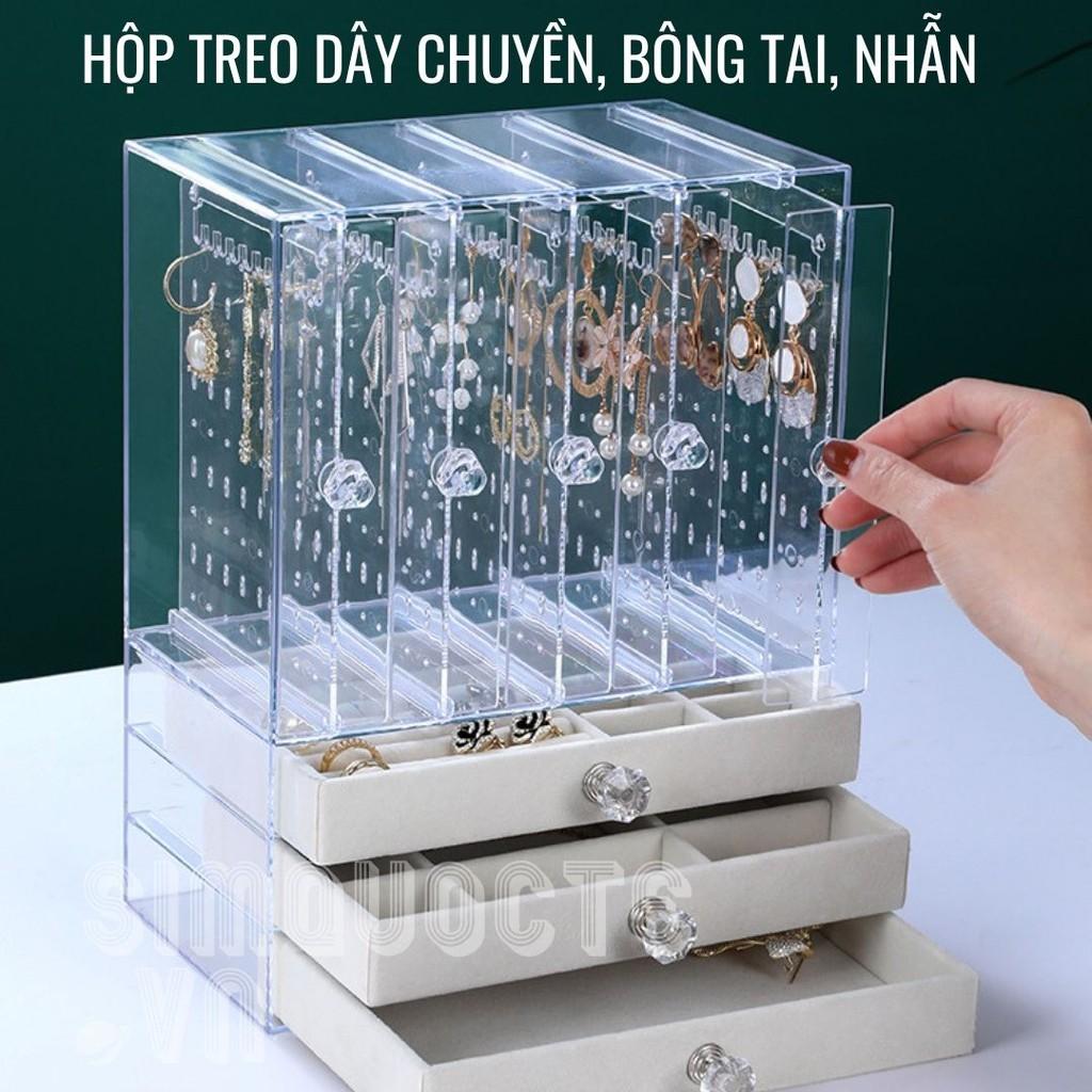 Hộp đựng trang sức treo dây chuyền bông tai, hộp đựng nhẫn đồng hồ nhiều ngăn chống bụi cao cấp