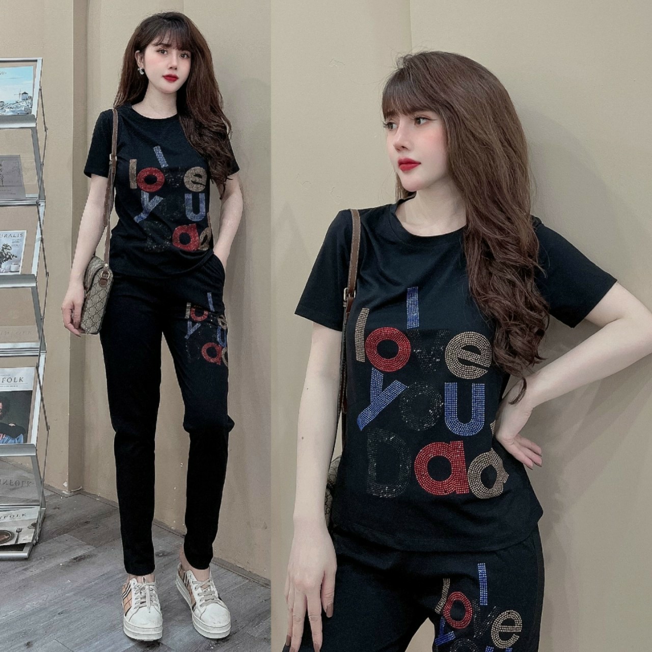 Đồ bộ thun cotton đính đá kí tự siêu sang MS07