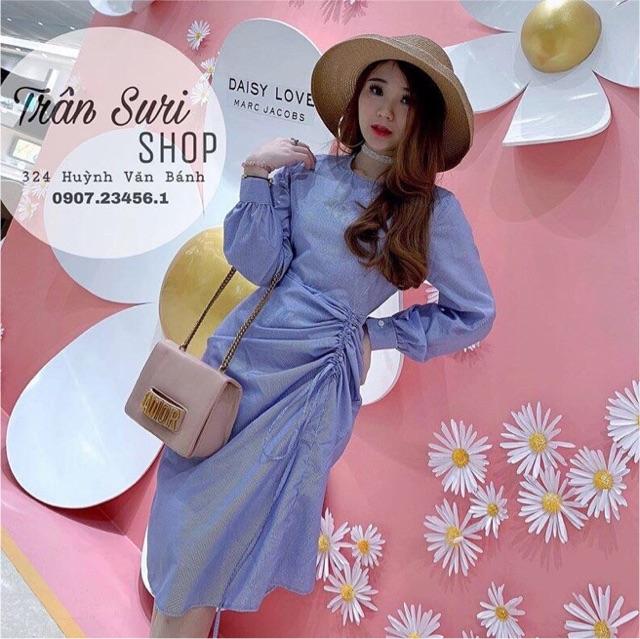 Đầm suông sọc tay phồng tà rút dây S.Free