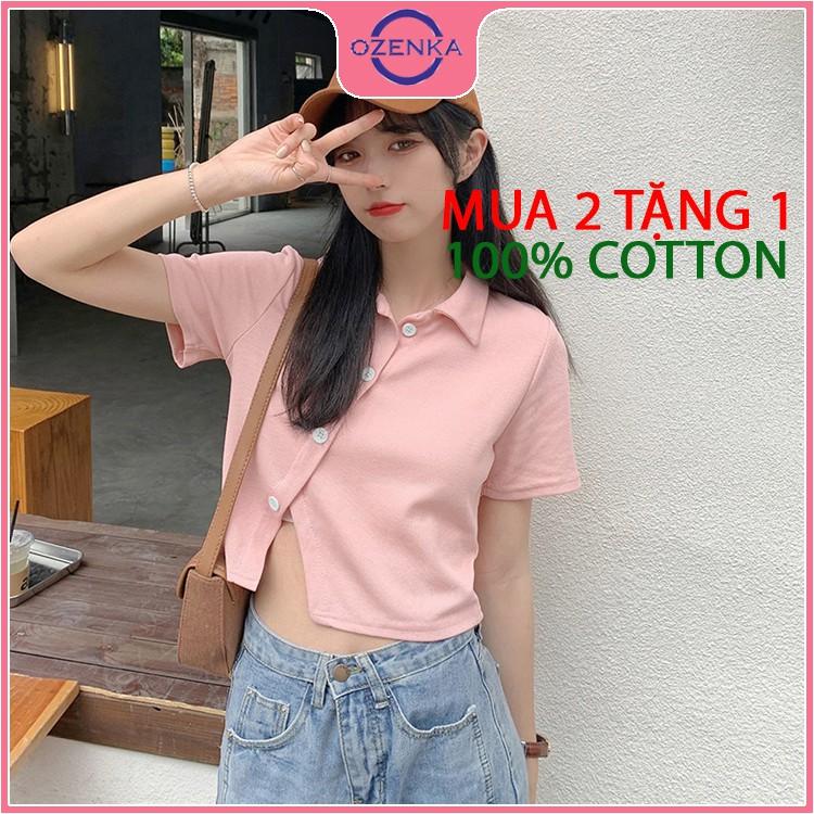 Áo croptop polo nữ tay ngắn vạt chéo , áo thun nữ có cổ cúc thật thun gân 100% cotton nhiều màu size dưới 50 cân