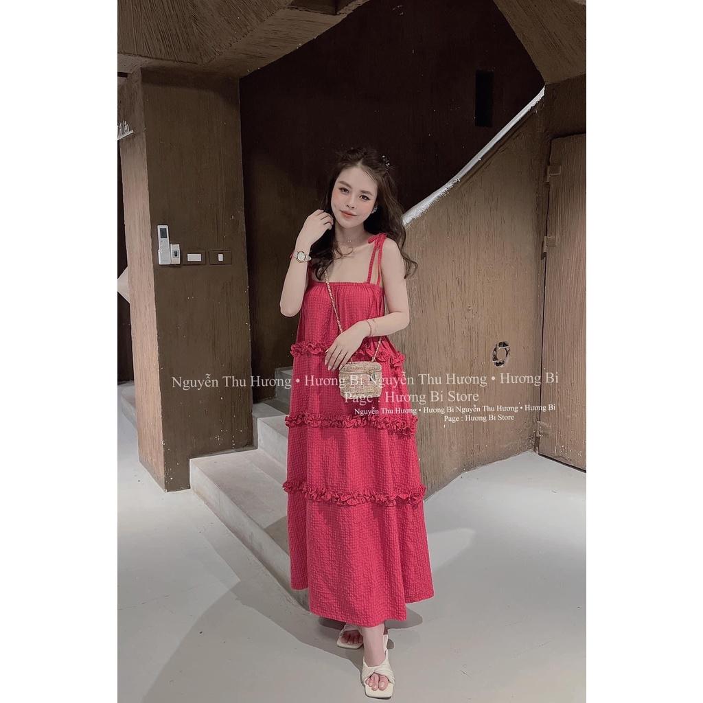 VÁY ĐI CHƠI, VÁY MAXI KẺ 2 DÂY DÁNG XÒE TẦNG CỰC HOT HIT - đen