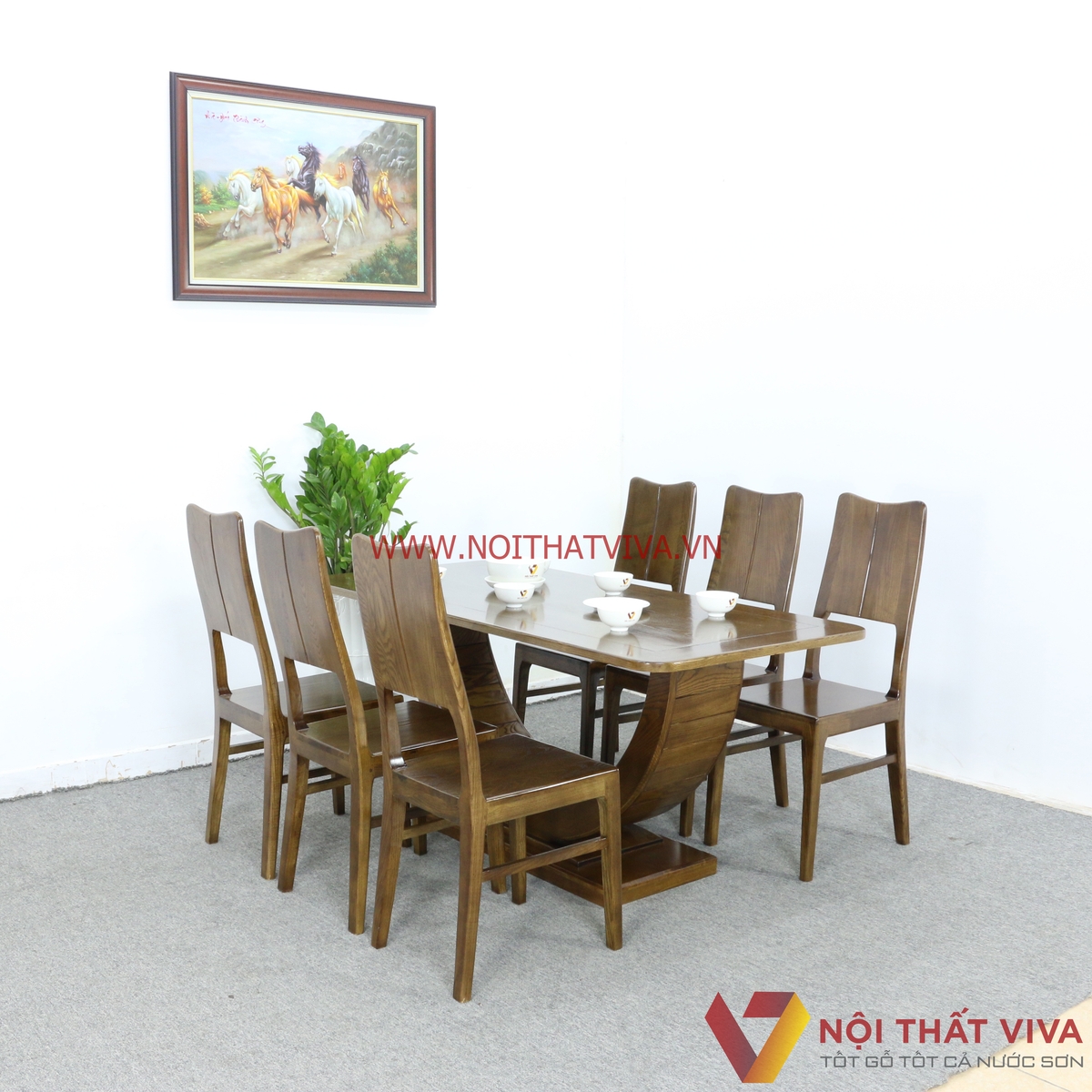 Bộ Bàn Ăn 6 Ghế Gỗ Sồi Nga Chân Bán Nguyệt Màu Óc Chó Đẹp Giá Rẻ
