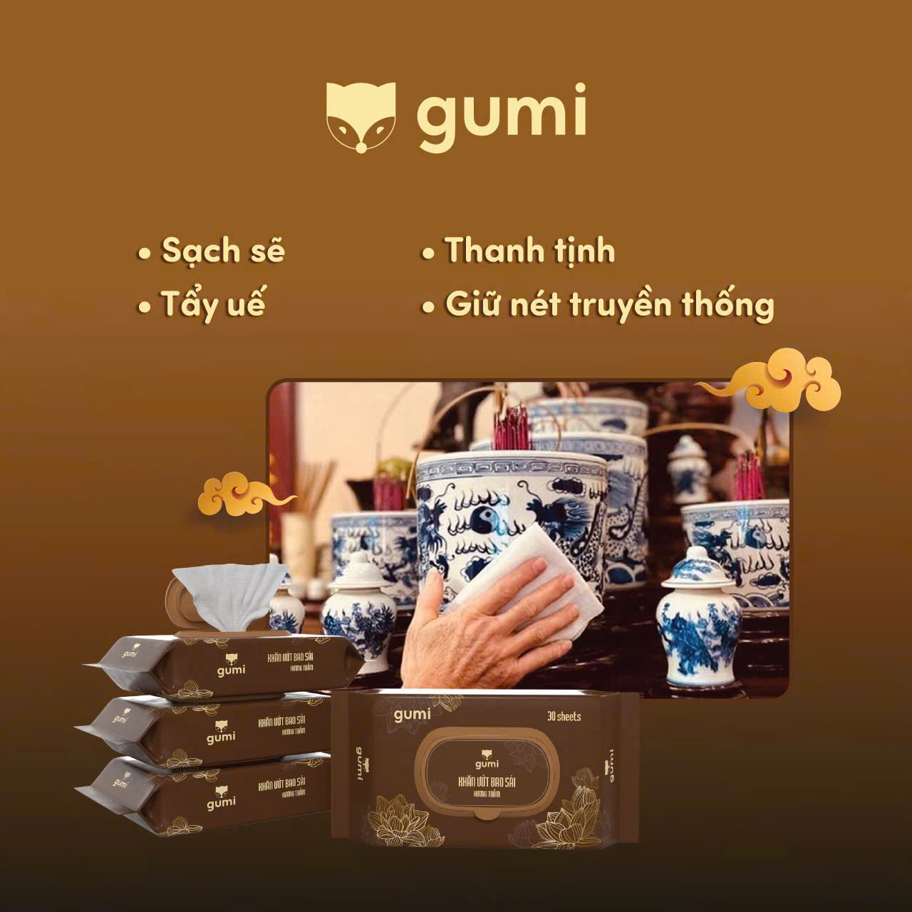 Khăn Ướt Lau Bàn Thờ Gumi - Khăn Ướt Bao Sái Hương Tràm, Kháng Khuẩn, Sạch Sẽ Tâm Linh - HÀNG CHÍNH HÃNG MINIIN