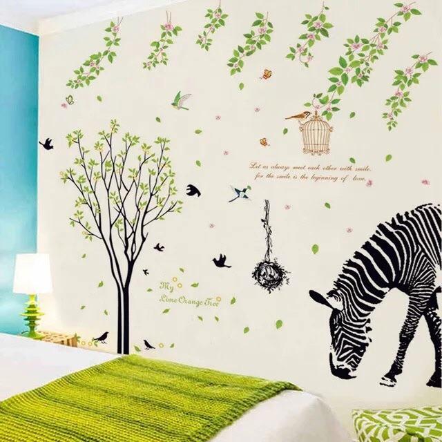 BỘ COMBO DECAL GHÉP ĐÔI dán tường - Thân Cây Chim Đen kết hợp Ngựa Vằn và dây leo lá hoa