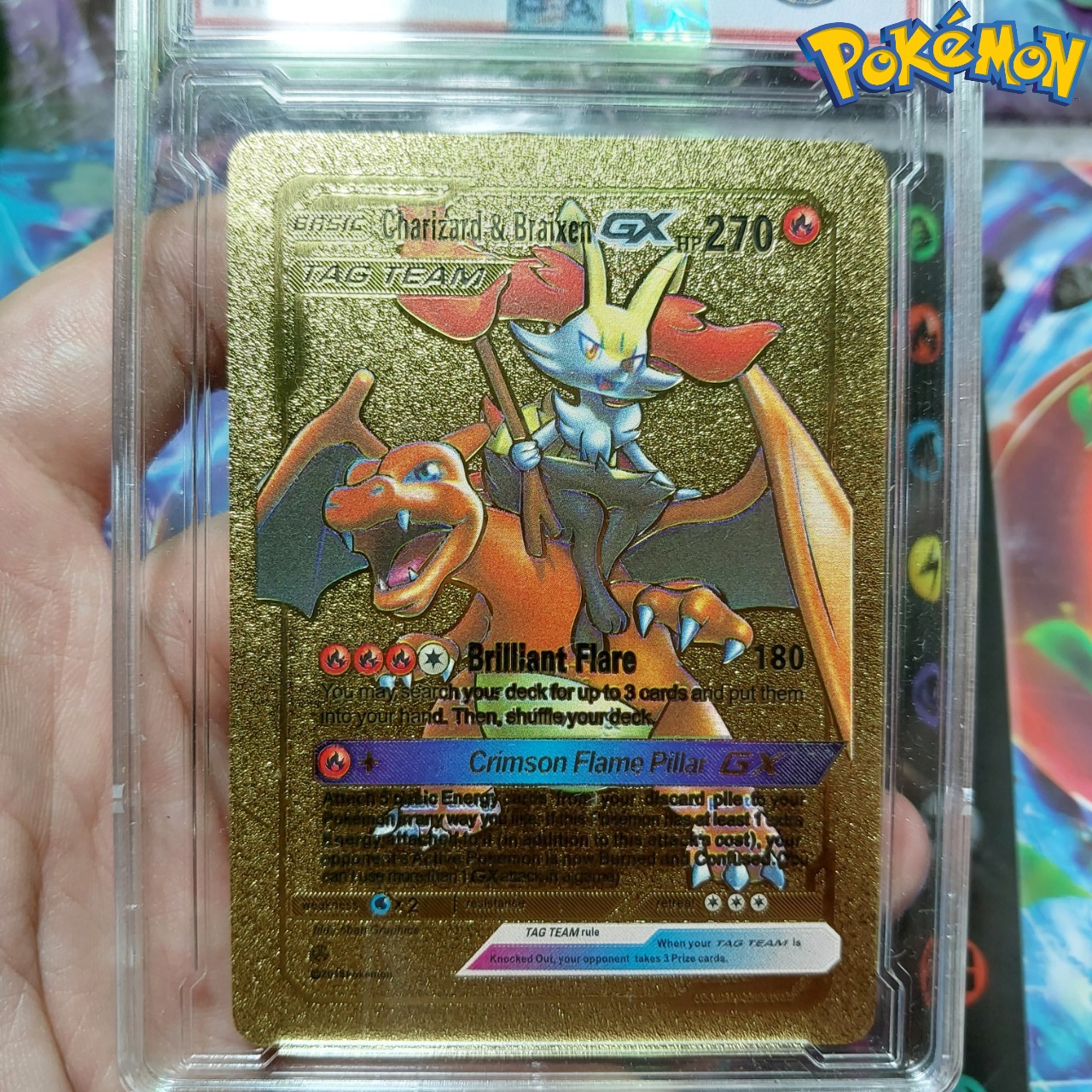 Charizard &amp; Braixen GX thẻ pokemon nhôm mạ vàng gia đình khủng long lửa Tặng kèm bảo vệ thẻ 1459 d24 1-32