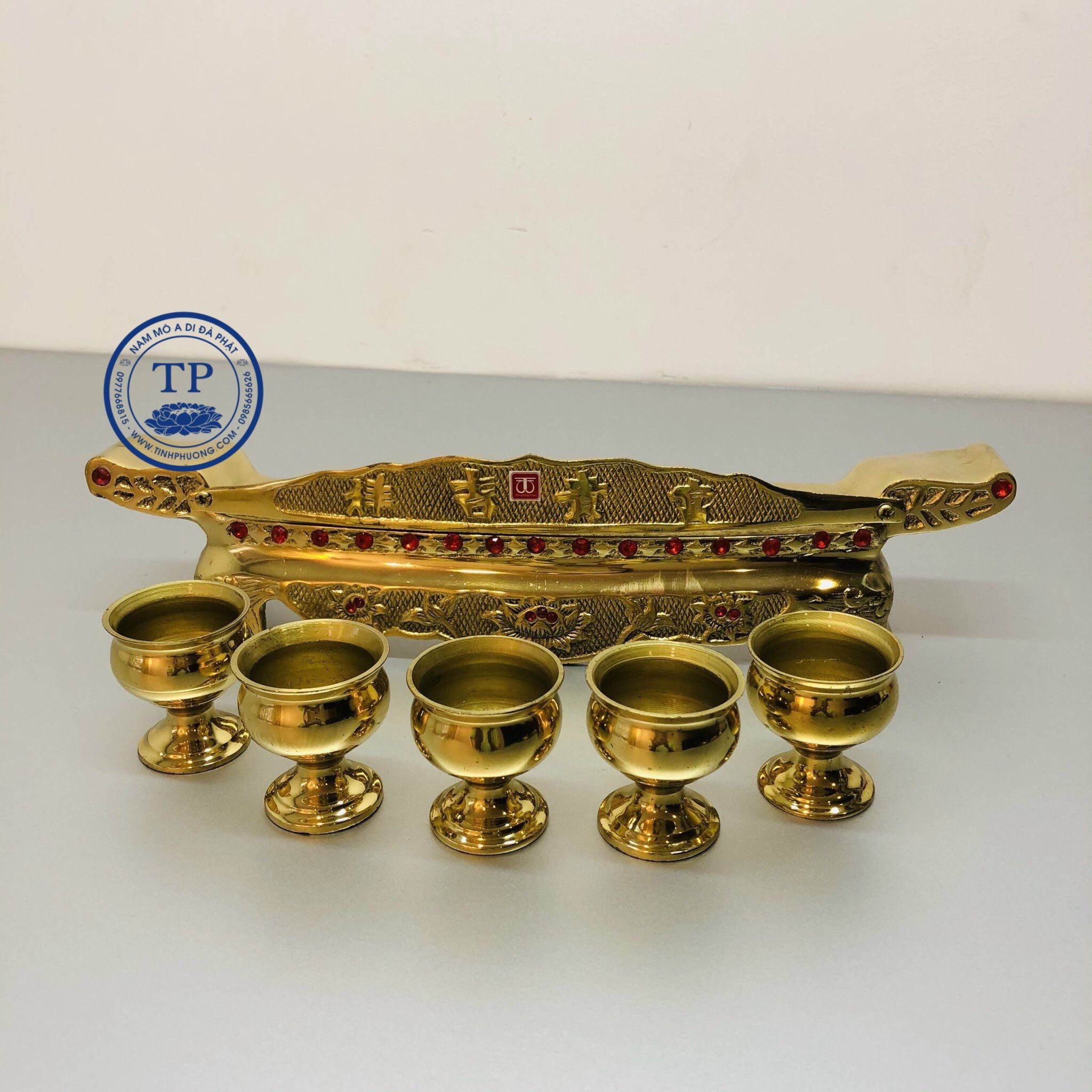 Bộ Cúng nước 5 ly bằng đồng vàng bóng KH18621