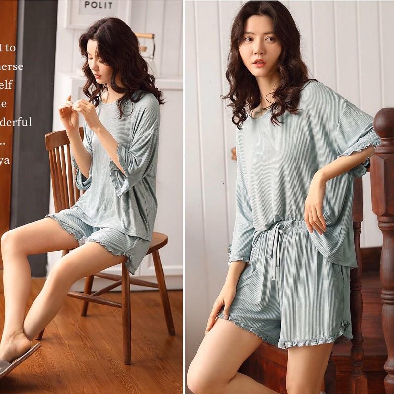 Bộ mặc nhà thun gân tăm tay lỡ viền bèo