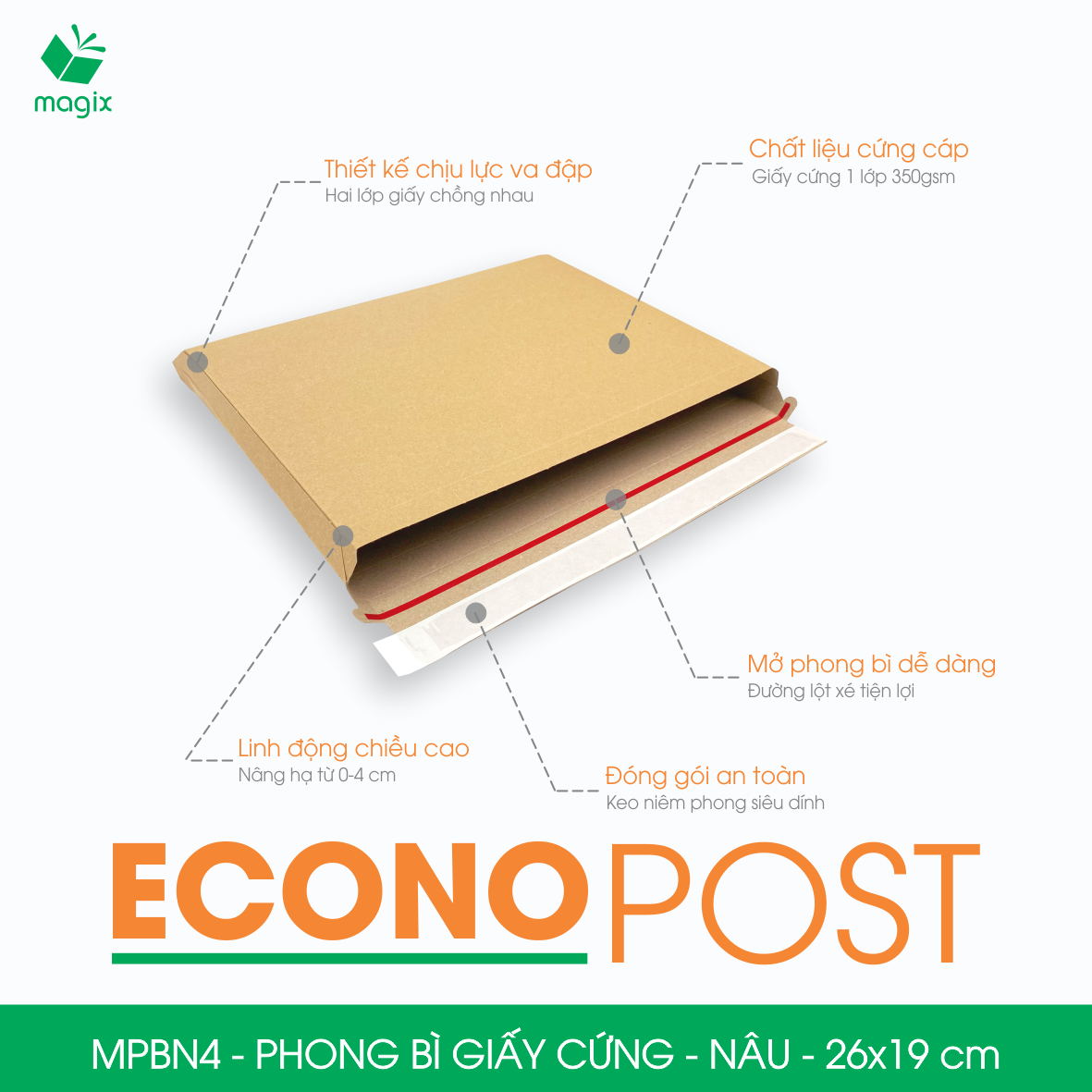 MPBN4 - 26x19 cm - Combo 60 phong bì giấy cứng đóng hàng màu nâu thay thế túi gói hàng