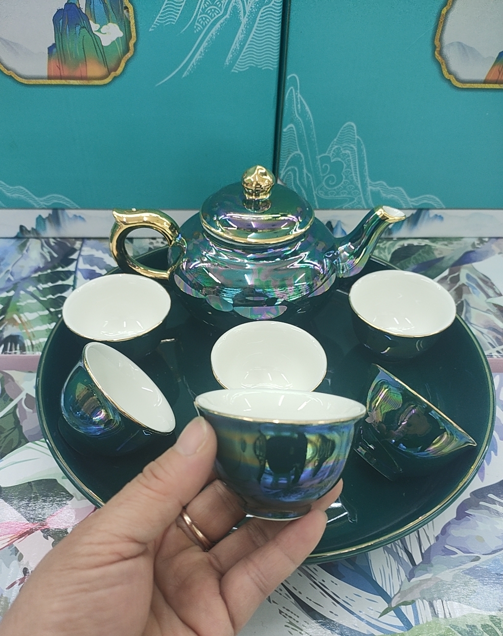 BỘ ẤM CHÉN PHA TRÀ KÈM KHAY HÌNH TRÒN MÀU TRẮNG ANH TRAI,MÀU XANH CỔ VỊT