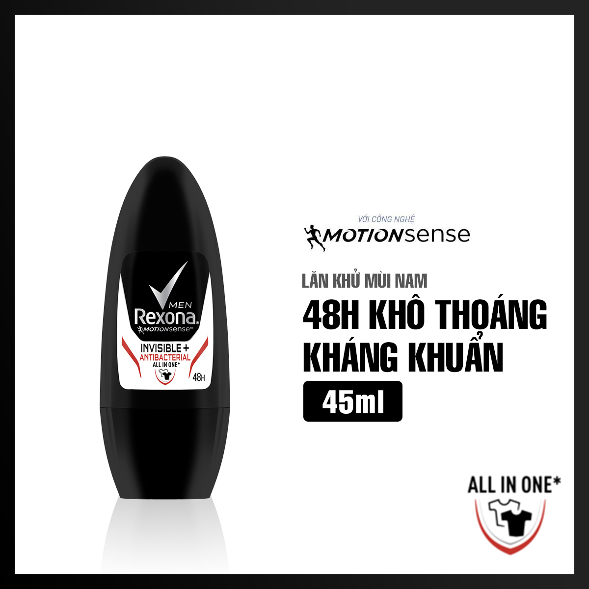 Lăn khử mùi Rexona Men Invisible &amp; Antibacterial 48h khô thoáng kháng khuẩn dành cho nam, 45ml