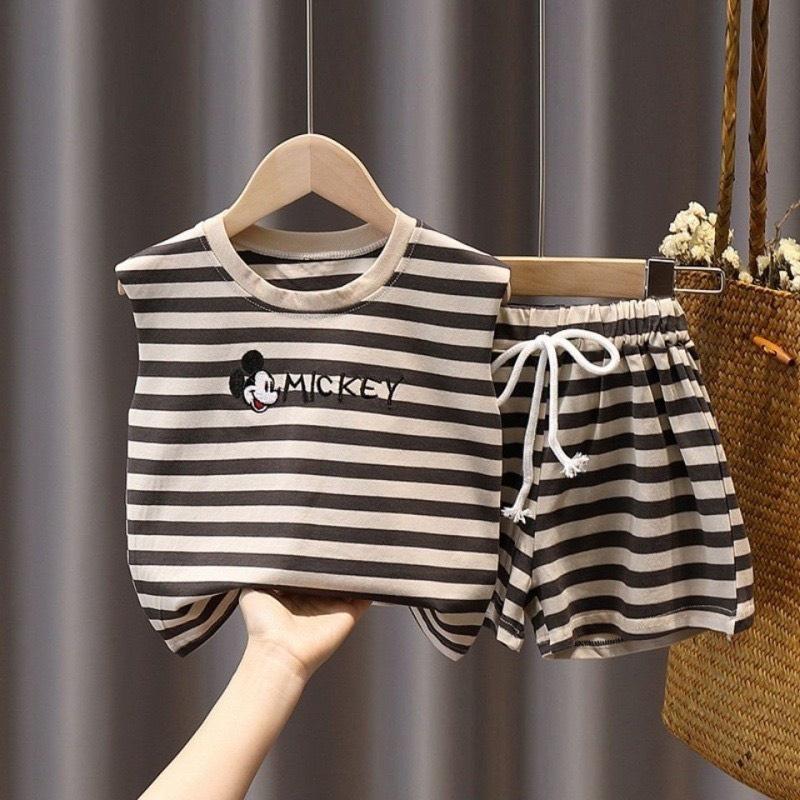 Đồ Bộ Cộc Tay Cho Bé Trai Bé Gái Mặc Hè Chất Cotton Mềm Mát, Bộ Quần Áo Kẻ In Hình Mickey Cho Bé 7-25kg