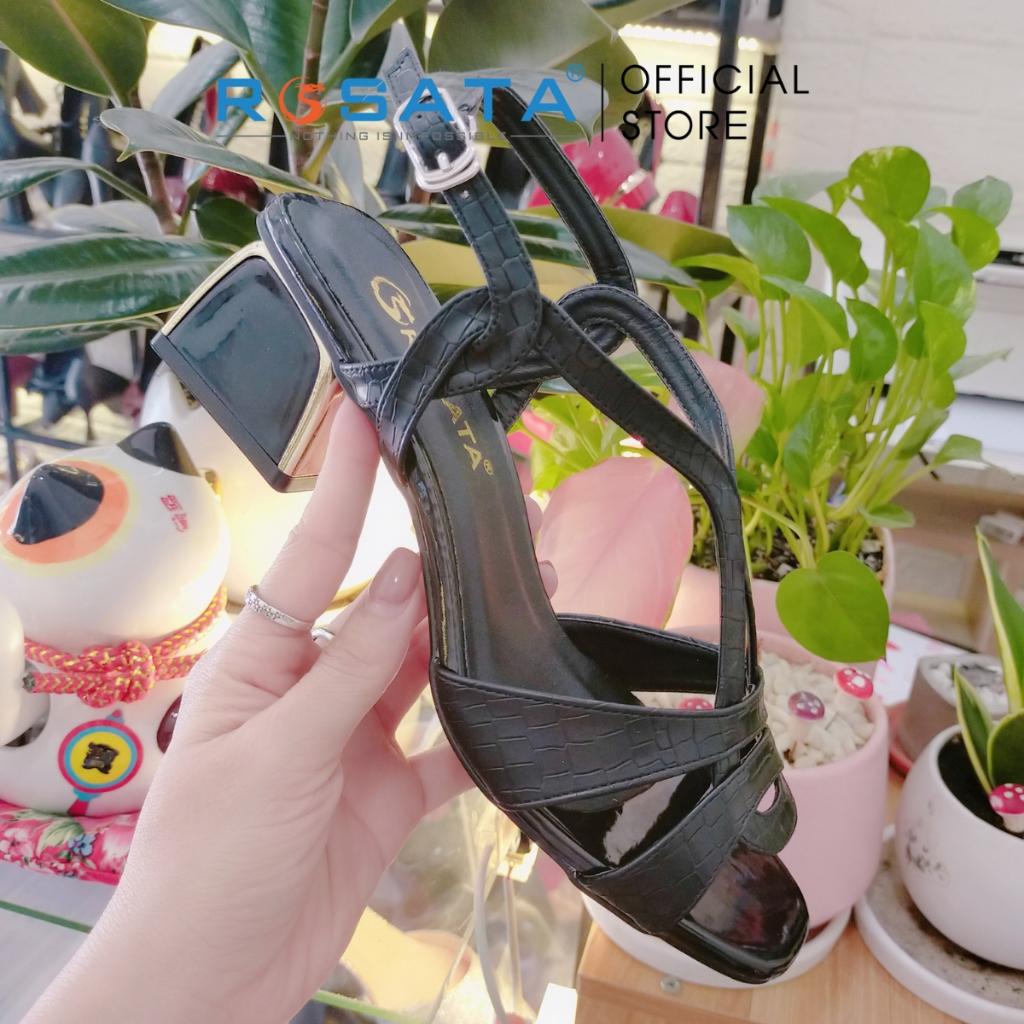 Dép sandal cao gót nữ ROSATA RO476 xỏ ngón phối dây mũi tròn quai cài hậu mảnh gót vuông cao 4cm xuất xứ Việt Nam - Đen