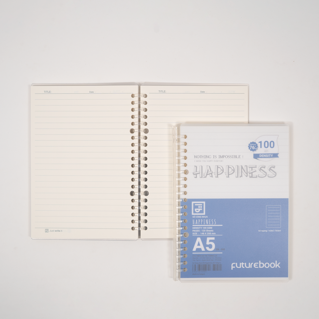 Sổ còng nhựa Happiness A5 20 chấu kèm ruột giấy refill làm sổ tay planner phong cách hàn quốc FUTUREBOOK 590/592/591