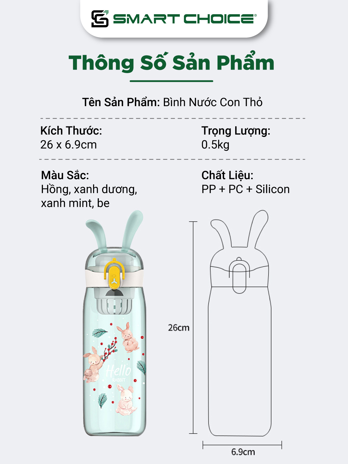 Bình Nước Con Thỏ SMARTCHOICE Trong Suốt 4 Màu Bằng Nhựa Cao Cấp SCG-PK087