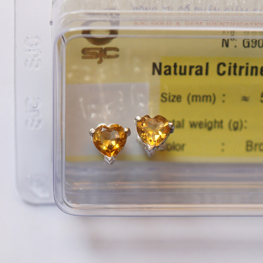 Bông tai nữ đá citrine thạch anh vàng tự nhiên 6mm mài giác trái tim