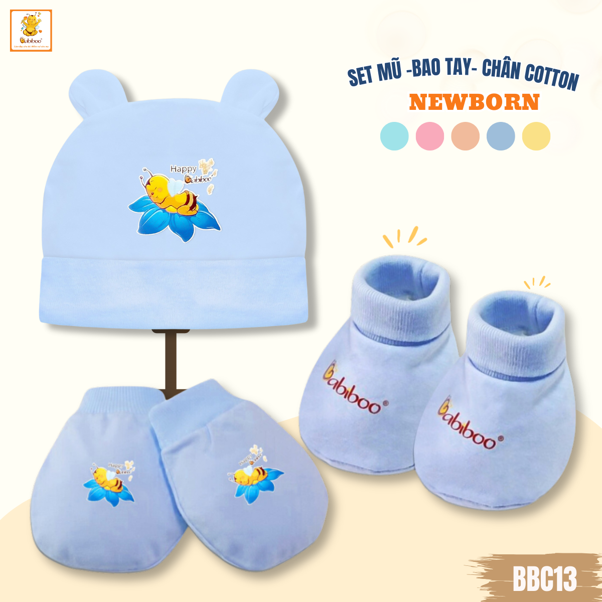 Set nón- bao tay - bao chân cho bé sơ sinh Babiboo vải cotton mềm mại, an toàn cho da BBC13