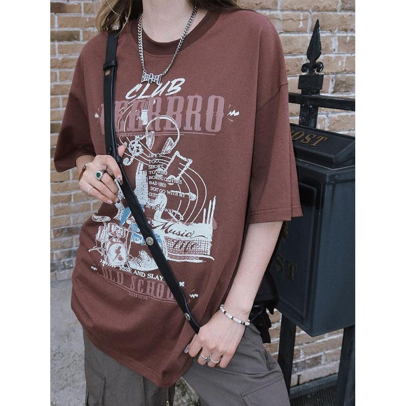 Áo Thun 100% cotton Tay Ngắn Cổ Tròn Dáng Rộng In Hình Đàn Ghi Ta Phong Cách Đường Phố Thời Trang Mùa Hè Mới Cho Nữ