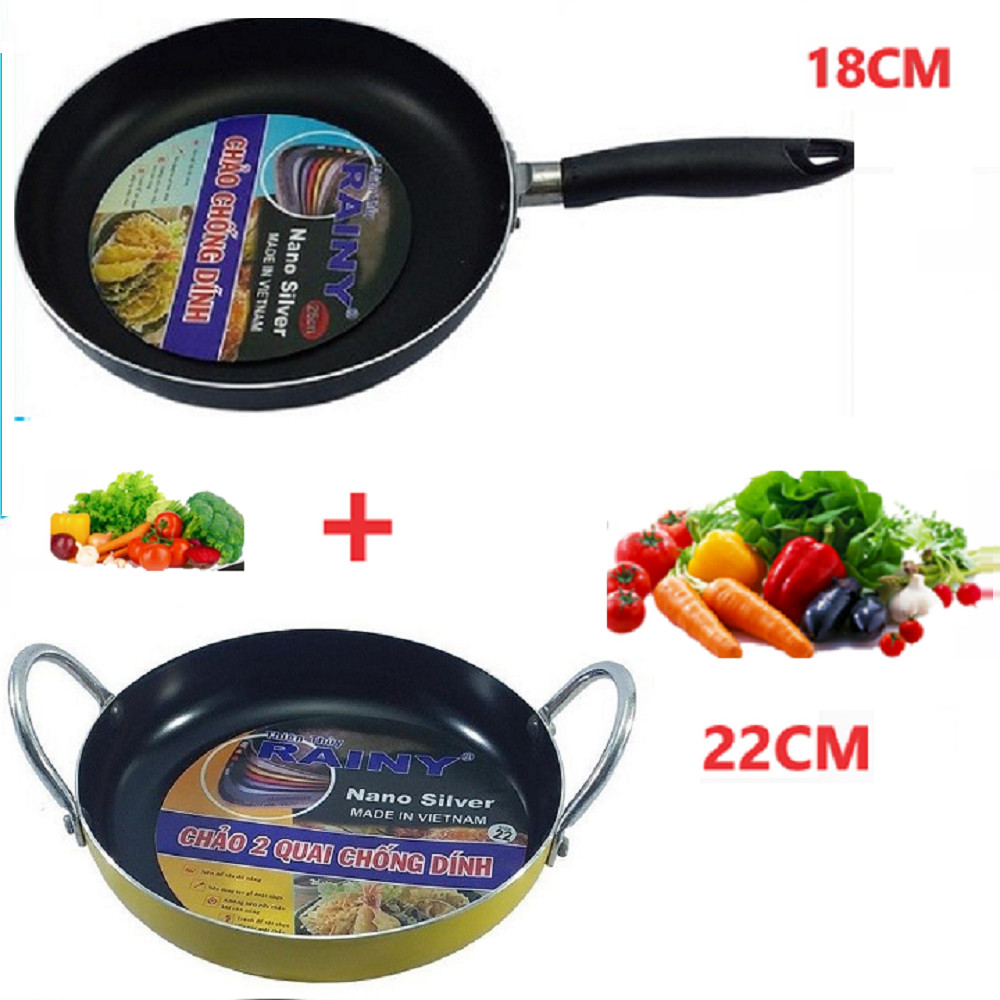 COMBO Chảo 2 quai 22cm và chảo 1 quai 18cm chống dinh cao cấp RAINY - Hàng Chính Hãng