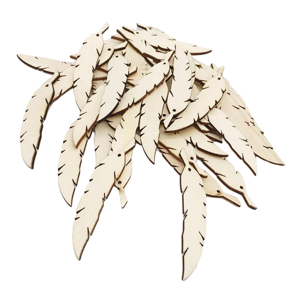 50pcs Natural Unfinished Wood Feather with Hole for DIY Pendants Ornament