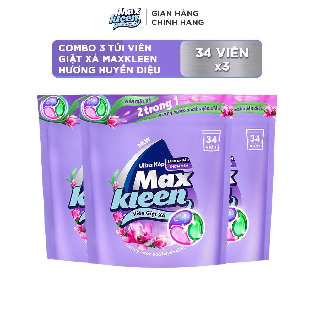 Combo 3 Túi Viên Giặt Xả MaxKleen Hương Huyền Diệu (34 viên/túi)