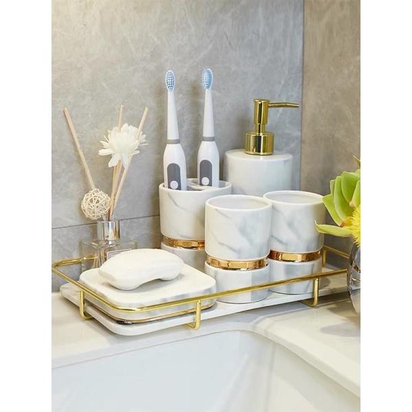 Bộ để nhà tắm 6 món vân đá viền vàng cao cấp